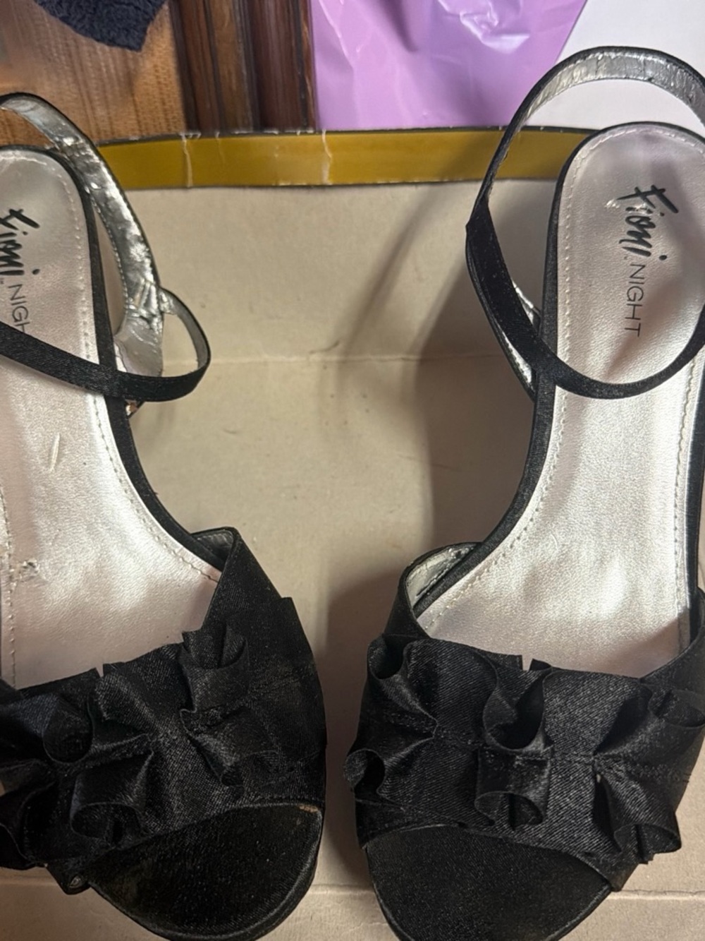 FIONI Clothing Black Ruffle Open-Toe Ankle Strap Heels